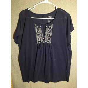 Womens Gap Blouse Boho Beachy Lagenlook Bohemian Navy Blue Embroidery Linen